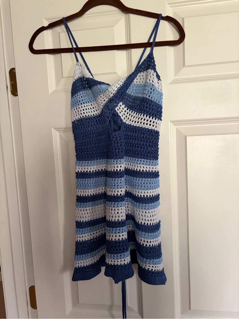 SHEIN Blue and White Striped Crochet Cover-Up Dress Sz S